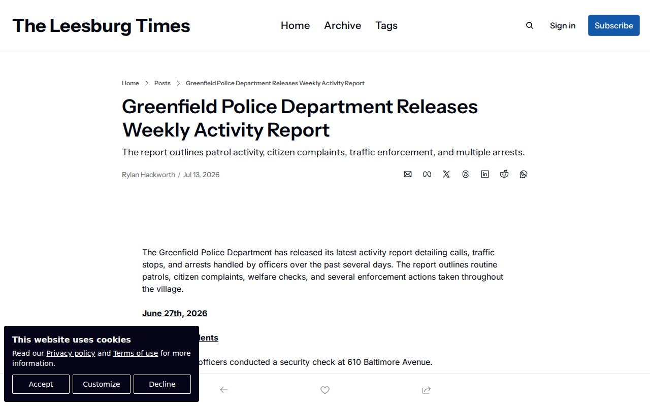 Greenfield Highland County arrest-record activity report from Leesburg Times