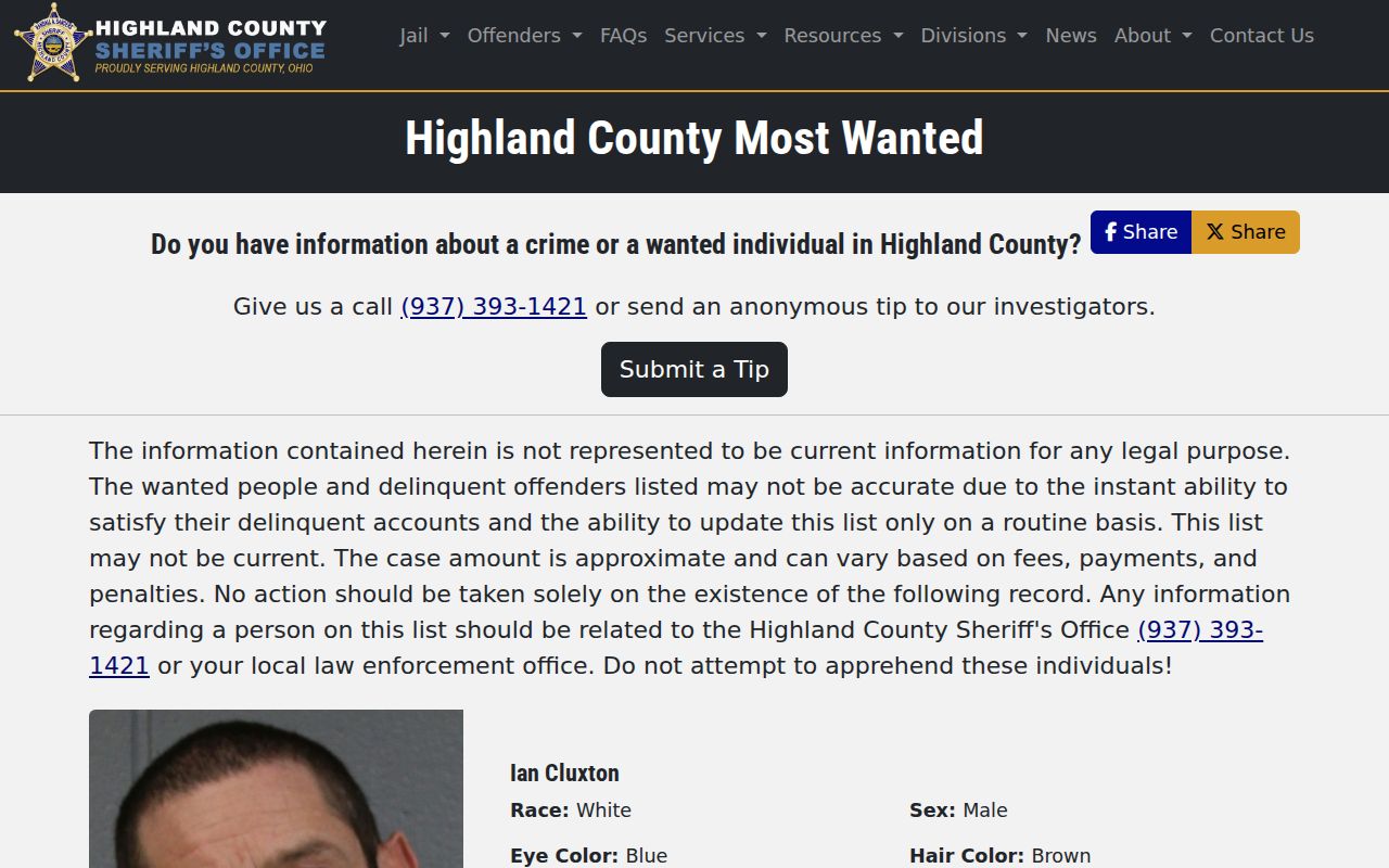 Highland County Sheriff official Most Wanted page for warrant information