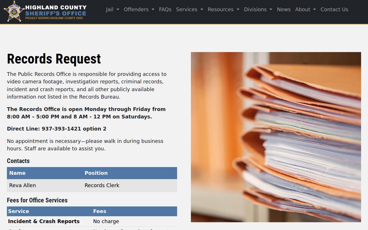 Highland County Sheriff public records page for arrest and booking record requests