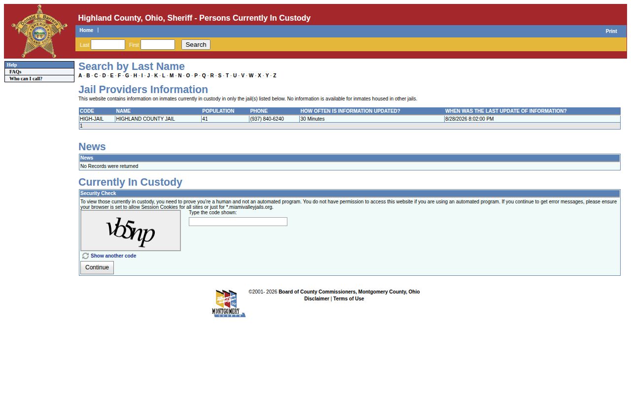 Highland County current-custody roster interface for booking record searches